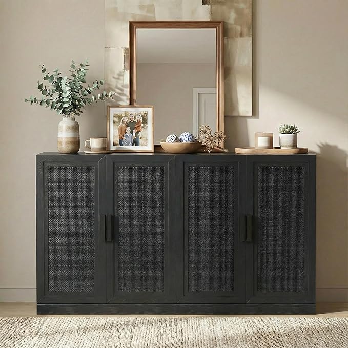 Casaphoria Adam Sideboard Buffet Cabinet with Storage, Sideboard Cabinet with Rattan Doors & Adjustable Shelves, 62" W x 36" H Coffee Bar for Entryway Kitchen Living Room, Black