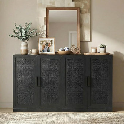 Casaphoria Adam Sideboard Buffet Cabinet with Storage, Sideboard Cabinet with Rattan Doors & Adjustable Shelves, 62" W x 36" H Coffee Bar for Entryway Kitchen Living Room, Black