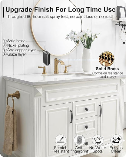 Brass Bathroom Waterfall Faucet, 4-16 Inch Brushed Gold Bathroom Faucet Widespread Bathroom Sink Faucet, 2 Handles Bathroom Faucets for Sink 3 Hole with Pop Up Drain, Water Hoses