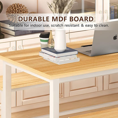 DKLGG Dining Table Set for 4, 47.2'' Kitchen Table with 2 Benches, 3 Piece Farmhouse Dining Room Table Set, Space-Saving Dinette for Kitchen, Dining Room, Apartment, Metal Frame & MDF Board