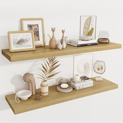 Fun Memories 12 Deep Floating Shelves for Wall, 48W x 12D Extra Large Floating Shelves Set of 2, Hanging Wood Wall Shelves for Living Room, Kitchen, Bedroom, Farmhouse, Laundry Room, Office - Oak