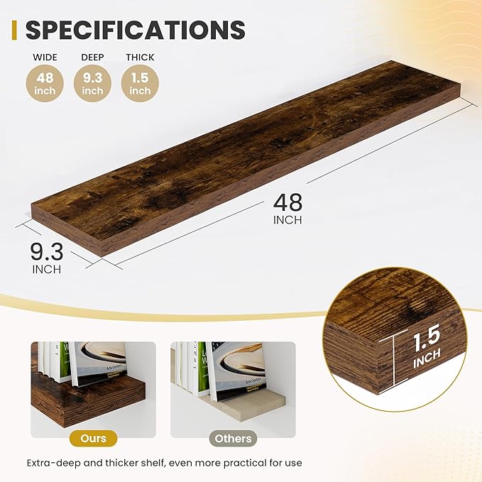 Acovy 48 Inch Floating Shelves, 9.3" Deep Floating Shelf Wall Mounted, 48" Wall Shelves, Rustic Deep Bookshelf, Large Display Shelves & Storage Shelves for Bedroom, Living Room, Brown, Set of 1
