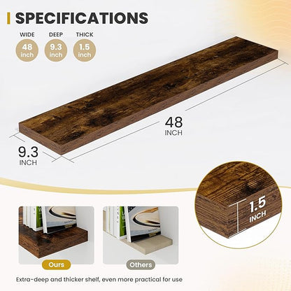 Acovy 48 Inch Floating Shelves, 9.3" Deep Floating Shelf Wall Mounted, 48" Wall Shelves, Rustic Deep Bookshelf, Large Display Shelves & Storage Shelves for Bedroom, Living Room, Brown, Set of 1