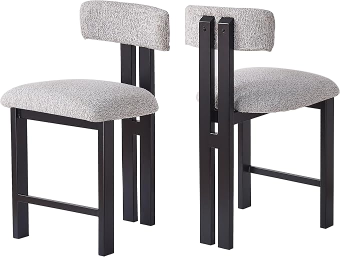Set of 2 Modern Round Bar Stools with Low Back, 26.5" Height Upholstered Fabric Seats and Black Iron Frame for Kitchen Island, Dining Counter, Home Bar,Black+ Gray