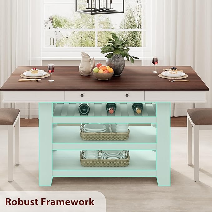 IDEALHOUSE 60" Wood Dining Table for 4-6, Counter Height Kitchen Table with Wine Rack and 2 Drawers, Open Shelves and Sturdy Legs, 4-Tier Stationary Kitchen Island for Dining Room and Kitchen