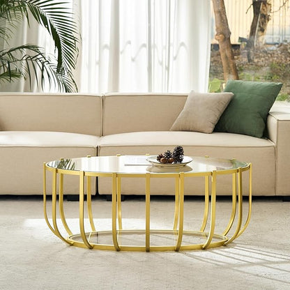 Saint Mossi Glass Oavl Coffee Table for Living Room, Mid Century Modern 2-Tier Gold Drum Center Table, Clear Glass Top with Gold Finish Legs & Frame, D42xW23xH16