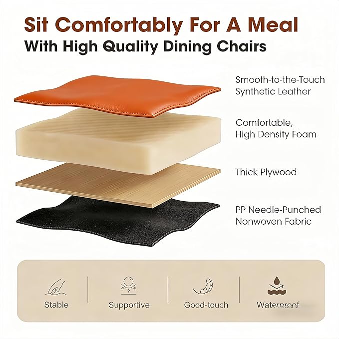 Atoll Modern Accent Dining Chairs Set of 4 with Upholstered PU Leather Seat & Curved Back, Metal Legs, Mid-Century Kitchen Chair for Dining Room, Living Room or Office (4, Orange)