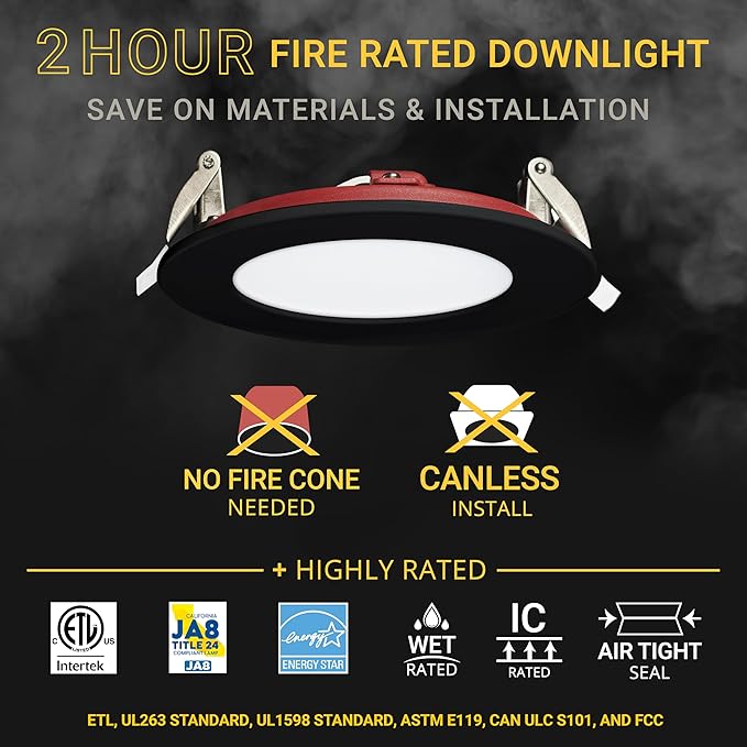 NUWATT 12-Pack 2 Hour Fire Rated Recessed Lighting, 4 Inch Wafer LED Lights, 5CCT 2700K/3000K/3500K/4000K/5000K, Wet & IC Rated, CRI90 Black Recessed Lights, 12W, Dimmable 900LM, No Tenmat Needed, ETL