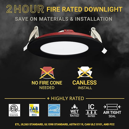NUWATT 12-Pack 2 Hour Fire Rated Recessed Lighting, 4 Inch Wafer LED Lights, 5CCT 2700K/3000K/3500K/4000K/5000K, Wet & IC Rated, CRI90 Black Recessed Lights, 12W, Dimmable 900LM, No Tenmat Needed, ETL