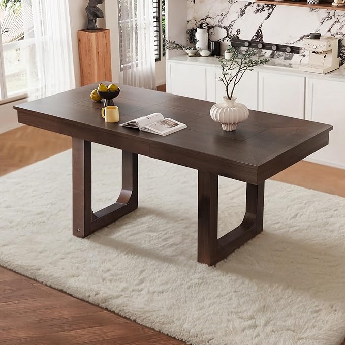 60"-78" Extendable Dining Table – Farmhouse Wooden Kitchen Table with Removable Leaf, Large Expanding Table for 4–8, Rustic Walnut Finish