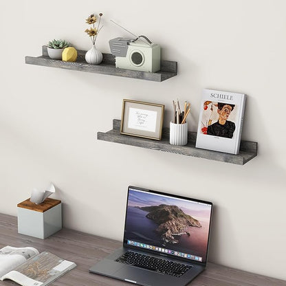 FLYJOE 24 Inches Floating Shelves for Wall, Solid Pine Wood Picture Ledge Shelves, Wall Shelves with Lips, Nursery Book Shelves for Toys Storage Living Room Bedroom Photo Frames (2 Pcs, Grey)