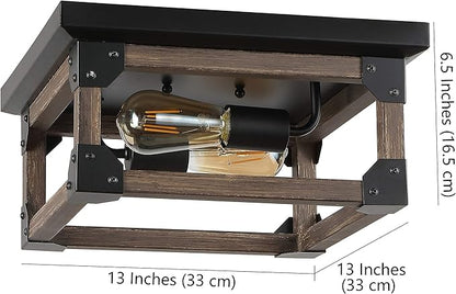 JONATHAN Y 13" Brown/Black 2-Light Iron Flush Mount, Square Open Frame Rustic Farmhouse Ceiling Light for Kitchen, Barnwood Finish, UL Listed, LED Bulbs Included JYL7480A