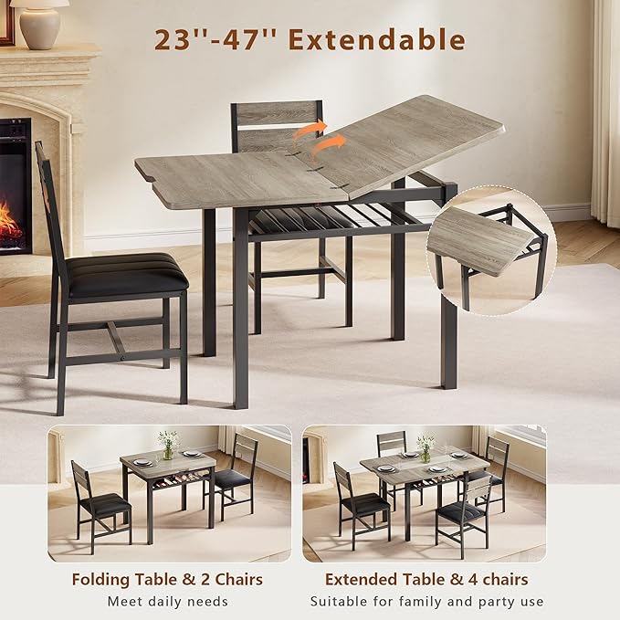 MapleGrace Dining Table Set for 4, Extendable Kitchen Table with 4 PU Leather Upholstered Dining Room Chairs, Wood Kitchen Table Set with Built-in Storage Rack for Dining & Small Spaces, Grey