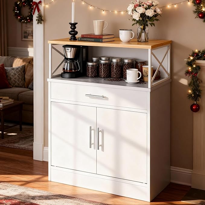 SUNLEI Farmhouse Buffet Sideboard with 2 Doors and 1 Drawer, Open Storage & Adjustable Shelf, Coffee Bar Cabinet for Kitchen/Laundry/Living Room, White