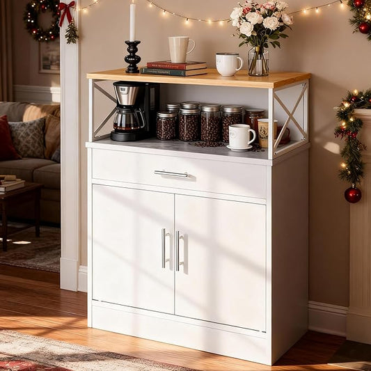 SUNLEI Farmhouse Buffet Sideboard with 2 Doors and 1 Drawer, Open Storage & Adjustable Shelf, Coffee Bar Cabinet for Kitchen/Laundry/Living Room, White