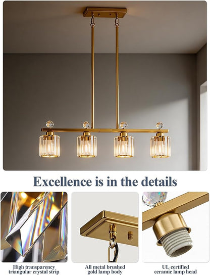 Modern Dining Room Light Fixture Over Table, Crystal Pendant Lights Kitchen Island, Chandeliers for Dining Room Kitchen Light Fixtures (E26) 4-Light Gold