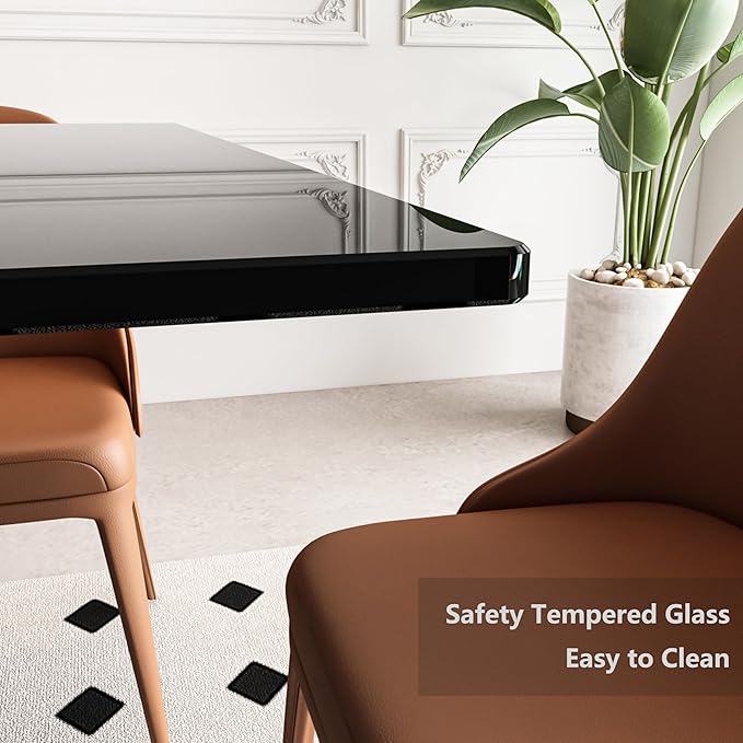 Dining Table with Tempered Glass Top, Modern Glass Dining Room Table Rectangle, Chrome Silver Geometric Metal Leg, Kitchen Table 51" L x 29.5" W x 30" H (All Black, 51" Dining Table)