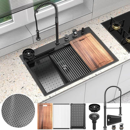 33x22 inch Waterfall Kitchen Sink Metal Black -Feibus 33inch Drop In Sink with Faucet Combo Double Step Workstation16 Gauge Multifunctional Stainless Steel Single Bowl