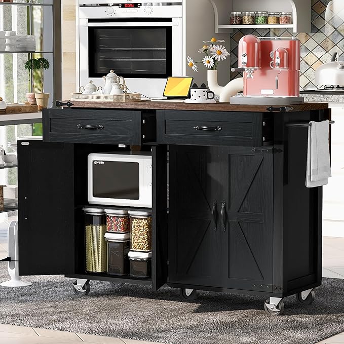 Merax 53.5" Upgraded Kitchen Cart Island on Wheels with Power Outlet,Drop Leaf,Farmhouse Wood Frame Storage Cabinet for Dining Room