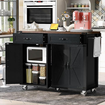 Merax 53.5" Upgraded Kitchen Cart Island on Wheels with Power Outlet,Drop Leaf,Farmhouse Wood Frame Storage Cabinet for Dining Room