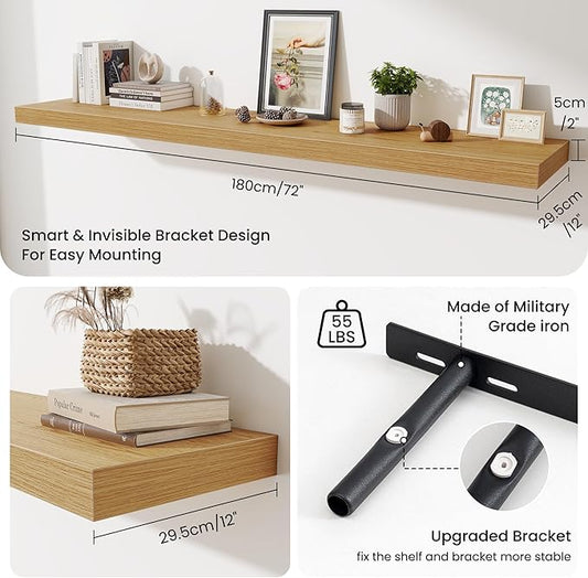 Fun Memories 72 Inch Fireplace Mantel Shelf, 12 Inch Deep Shelves for Display & Wall Storage, Rustic Wood Wall Shelf, Extra Long Floating Shelves for Living Room Laundry Room, Oak, Set of 1