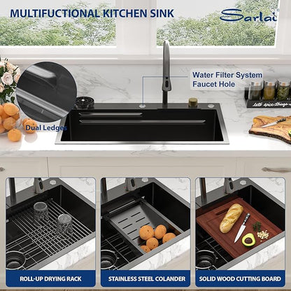 Sarlai 33 Inch Black Waterfall Kitchen Sink 33x19 Drop In Workstation Kitchen Sink Stainless Steel 16 Gauge Topmount Single Bowl Multifunctional Top Mount Sinks with Faucet Combo