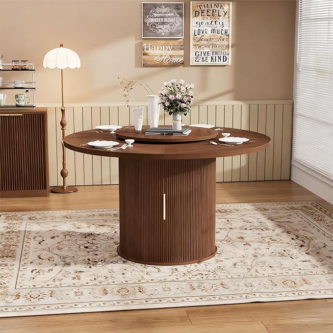 55 inch Round Dining Table for 4-6, Round Wooden Dining Table with Rotating Tabletop Tray & Sliding Door Base, Modern Farmhouse Kitchen Table with 2 Tier Storage Shelf for Kitchen Living Room, Walnut