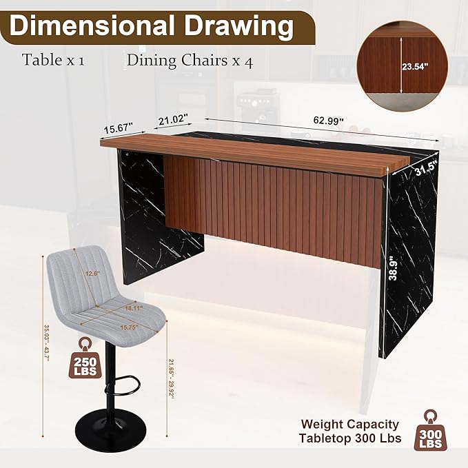 Runboll 63" Large Island Table Set with 4 Bar Stools, Modern Faux Marble Dining Table Set with Multi-Color LED Lights, Kitchen Island with Grille Design for Dining Room, Home, Office, Living Room