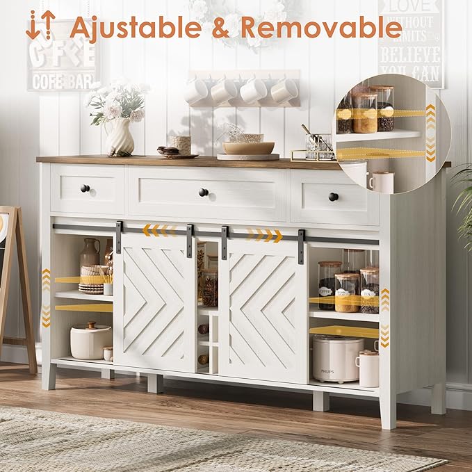CABIHOME Farmhouse 59'' Buffet Cabinet with Sliding Barn Door, 33.4'' Tall Wood Rustic Sideboard with 3 Drawer, Adjustable Shelf and Removable Wine Rack for Dining Room, Kitchen, Living Room, White