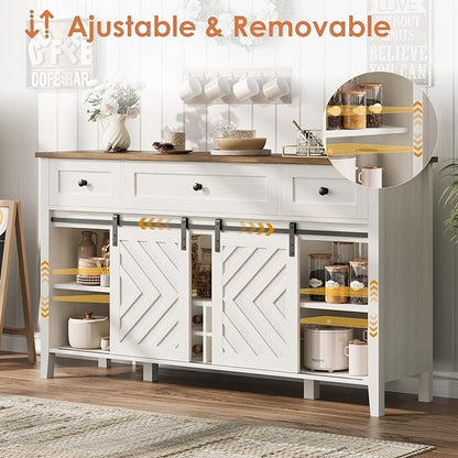 CABIHOME Farmhouse 59'' Buffet Cabinet with Sliding Barn Door, 33.4'' Tall Wood Rustic Sideboard with 3 Drawer, Adjustable Shelf and Removable Wine Rack for Dining Room, Kitchen, Living Room, White
