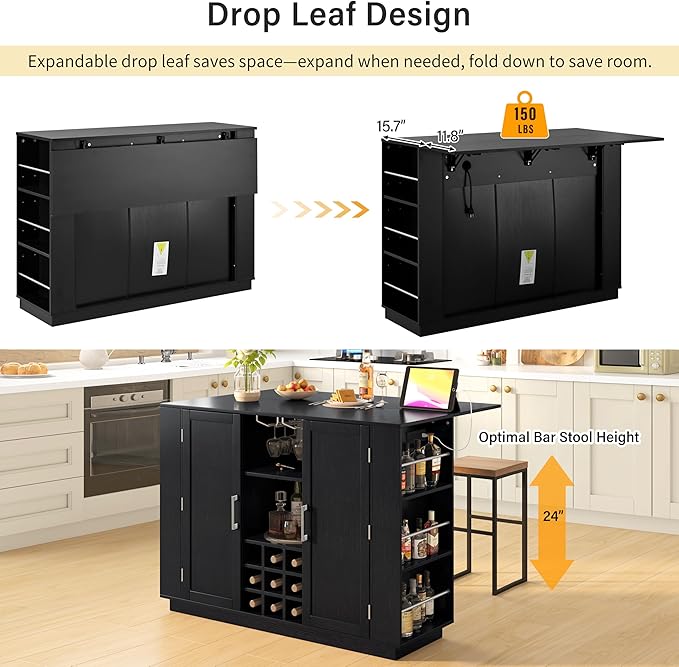47.2" Kitchen Island with Drop Leaf & Power Outlet, Wine Bar with Bottle Rack & Glass Holder, 2-Door Buffet Sideboard with Side Shelves for Dining Room (Black-85R)