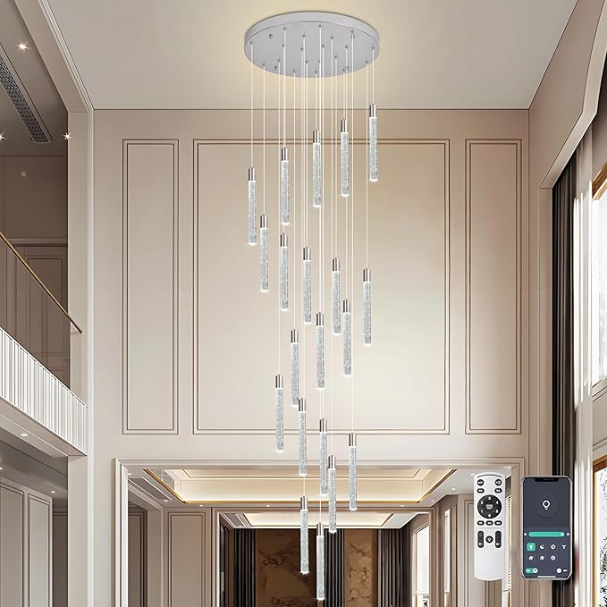 20-Lights Bubble Chandelier for Entryway High Ceiling-157 Height Adjustable Crystal Chandelier,3 Color Temperature Dimmable LED Pendant Light Fixture for Foyer Living Room Staircase,Chrome