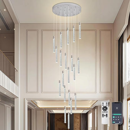 20-Lights Bubble Chandelier for Entryway High Ceiling-157 Height Adjustable Crystal Chandelier,3 Color Temperature Dimmable LED Pendant Light Fixture for Foyer Living Room Staircase,Chrome