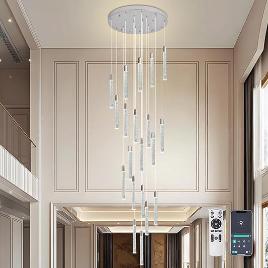 20-Lights Bubble Chandelier for Entryway High Ceiling-157 Height Adjustable Crystal Chandelier,3 Color Temperature Dimmable LED Pendant Light Fixture for Foyer Living Room Staircase,Chrome