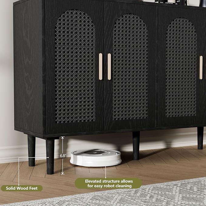 Large Sideboard Buffet Cabinet with Storage, Modern Credenza Buffet Table Coffee Bar Wine Bar Storage Cabinet with Artistic Carved Handle for Dining Room Living Room, (Black)