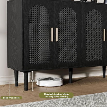 Large Sideboard Buffet Cabinet with Storage, Modern Credenza Buffet Table Coffee Bar Wine Bar Storage Cabinet with Artistic Carved Handle for Dining Room Living Room, (Black)