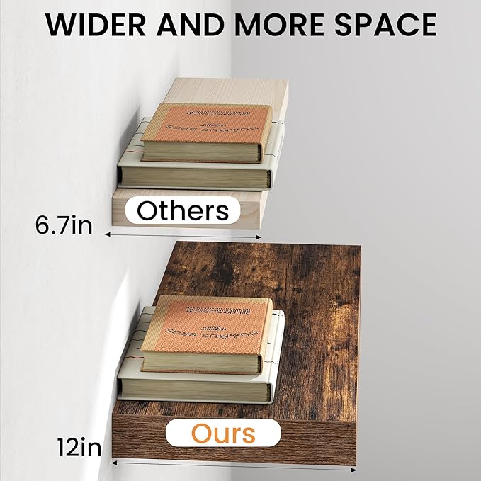 32Inch Floating Shelves for Wall, 12 Inch Deep Shelves for Bedroom, Kitchen, Bathroom Wall Mounted, Rustic Wood Floating Shelf with Invisible Brackets for Books, Storage, Decor, Rustic Brown, 2 Packs