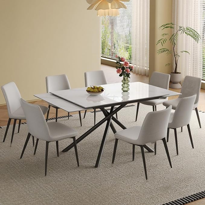 Runboll Extendable Rectangular Dining Table Set for 8, 47"-71" Modern Sintered Stone Kitchen Table with 8 Chairs and Carbon Steel Legs for Dining Room Family Gathering