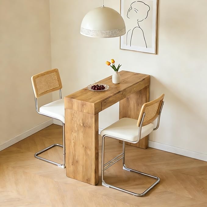 Counter Height Dining Set with Rattan Back Stools,Bar Table with 2 Drawers,Upholstered Kitchen Island Chairs,Chrome Cantilever Frame,Modern Furniture for Dining Room (Wood Table,2 White Chairs)