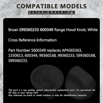 S600349 Range Hood Knob S99360233 Fan Knob Replacement Parts for Kitchen Appliances Stove Fan and Light Replacement White 2PCS