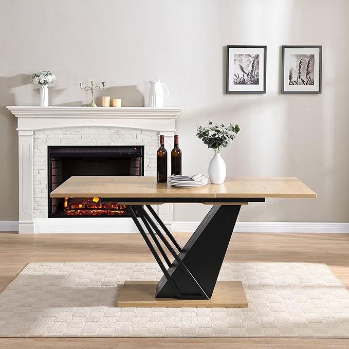 62" Extendable Island Table, Rustic Dining Table with Metal Frame, Mid Century Dining Table with MDF Top for Kitchen Dining Office, Black+Natural