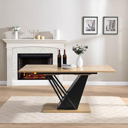 62" Extendable Island Table, Rustic Dining Table with Metal Frame, Mid Century Dining Table with MDF Top for Kitchen Dining Office, Black+Natural