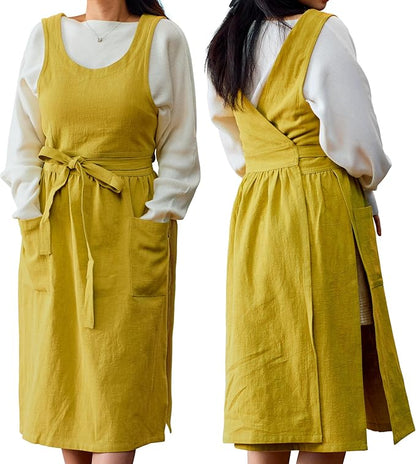 HANEE Linen Cross Back Apron for Women with Pockets - Japanese, Korean Style No Tie Pinafore Smock for Kitchen Cooking Garden