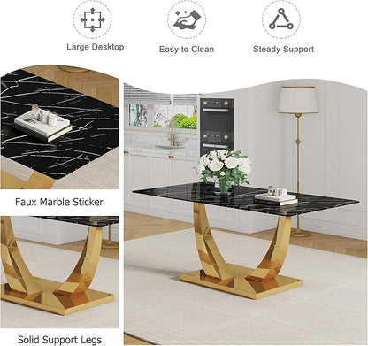 Modern Kitchen Table, Faux Marble Dining Table with 0.4" Thick Tempered Glass Top, 71" Black Dining Room Table with Gold U-Shaped Metal Base for Kitchen Dining Room