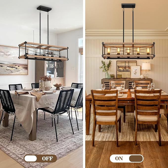 Farmhouse Kitchen Island Lighting, 5-Light Solid Wood 31.5” Dining Room Pendant Light Fixtures, Rustic Chandelier with Adjustable Height for Dining Room Kitchen Bar Pool Table (Natural Wood)