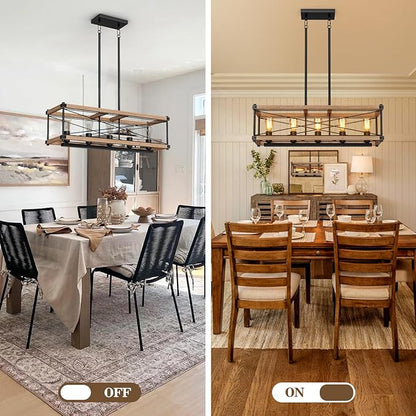 Farmhouse Kitchen Island Lighting, 5-Light Solid Wood 31.5” Dining Room Pendant Light Fixtures, Rustic Chandelier with Adjustable Height for Dining Room Kitchen Bar Pool Table (Natural Wood)