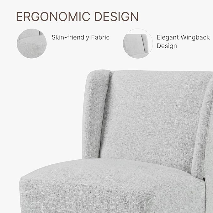 KISLOT Upholstered Dining Chairs Set of 1 with Casters, Wingback Modern Side Armless Deskchair with Rollers for Diningroom Bedroom Livingroom Reading Room, Light Grey Fabric