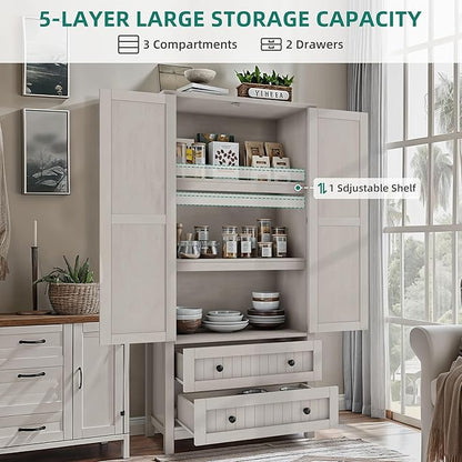 YITAHOME Farmhouse Kitchen Pantry Cabinet, 64.5" Tall Storage Cabinet with 2 Drawers & Adjustable Shelves, Ideal for Kitchen, Living Room, or Entryway, White