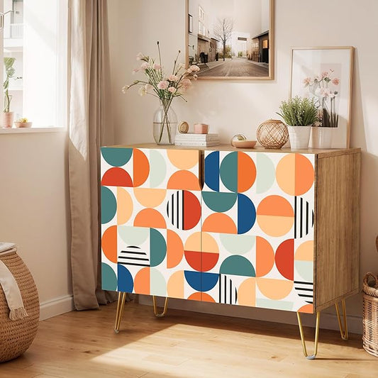 SIGNWIN Sideboard Buffet Cabinet, Kitchen Storage Cabinet with 2 Doors, Orange & Blue Retro Polygon Pattern, Cupboard Console Table for Dining Room - 35" L x 18" W x 29" H
