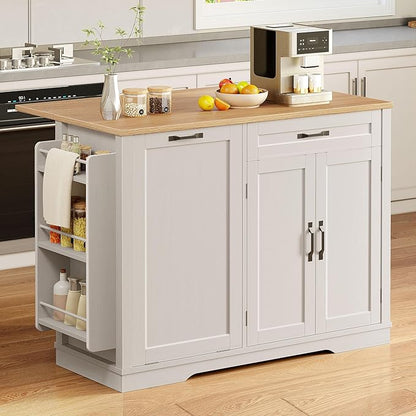 DWVO Tilt-Out Kitchen Trash Cans Cabinet, 50 Inch Rolling Kitchen Island with Drop Leaf, Portable Mobile Storage Island, Hidden Waste Bins Cabinet for 13 Gallon Garbage Bin, White Oak